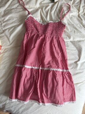 Frankie's Bikinis Red Gingham Dress with White Lace Trim